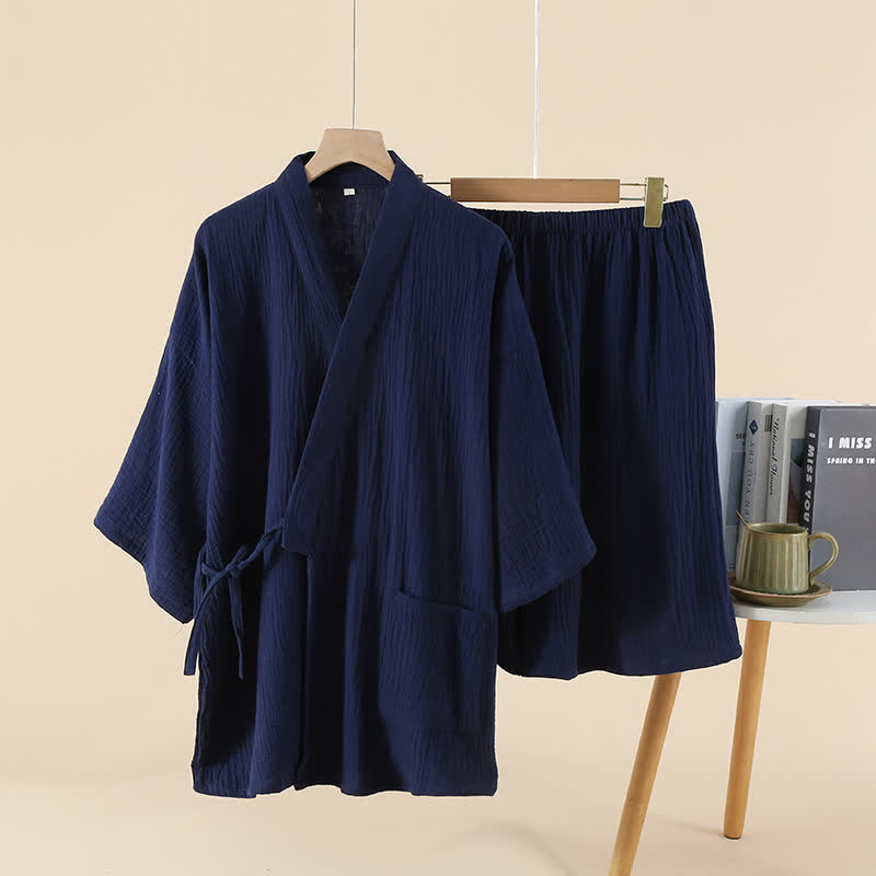 Unisex Solid Color Cotton Gauze Kimono Pajama Set