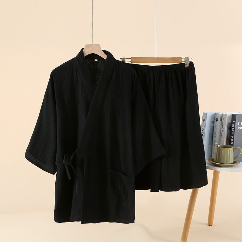 Unisex Solid Color Cotton Gauze Kimono Pajama Set