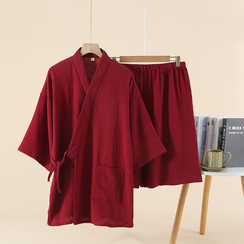 Unisex Solid Color Cotton Gauze Kimono Pajama Set