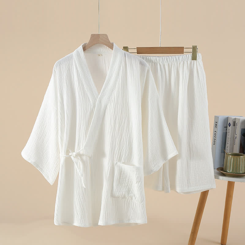 Unisex Solid Color Cotton Gauze Kimono Pajama Set