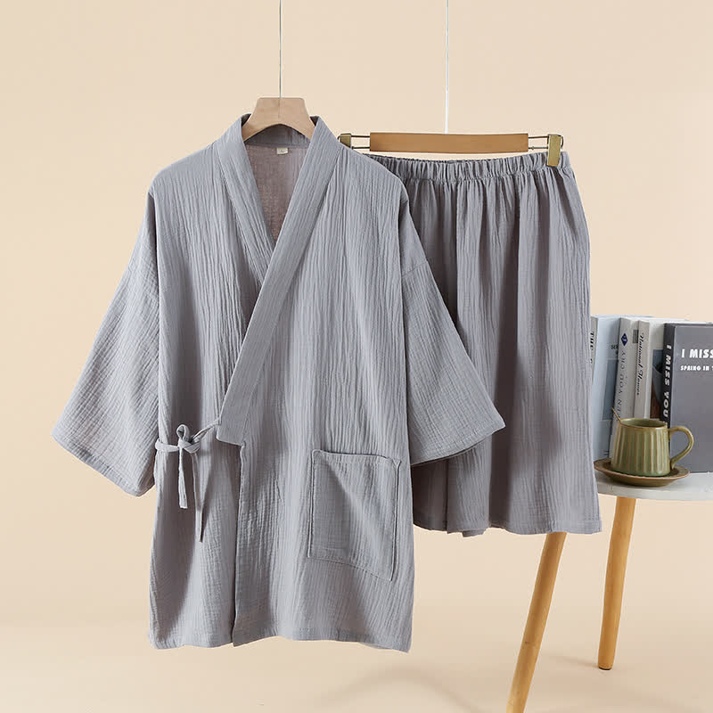 Unisex Solid Color Cotton Gauze Kimono Pajama Set