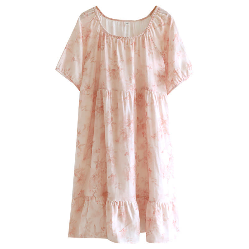 Country Style Floral Short Sleeve Cotton Gauze Nightdress