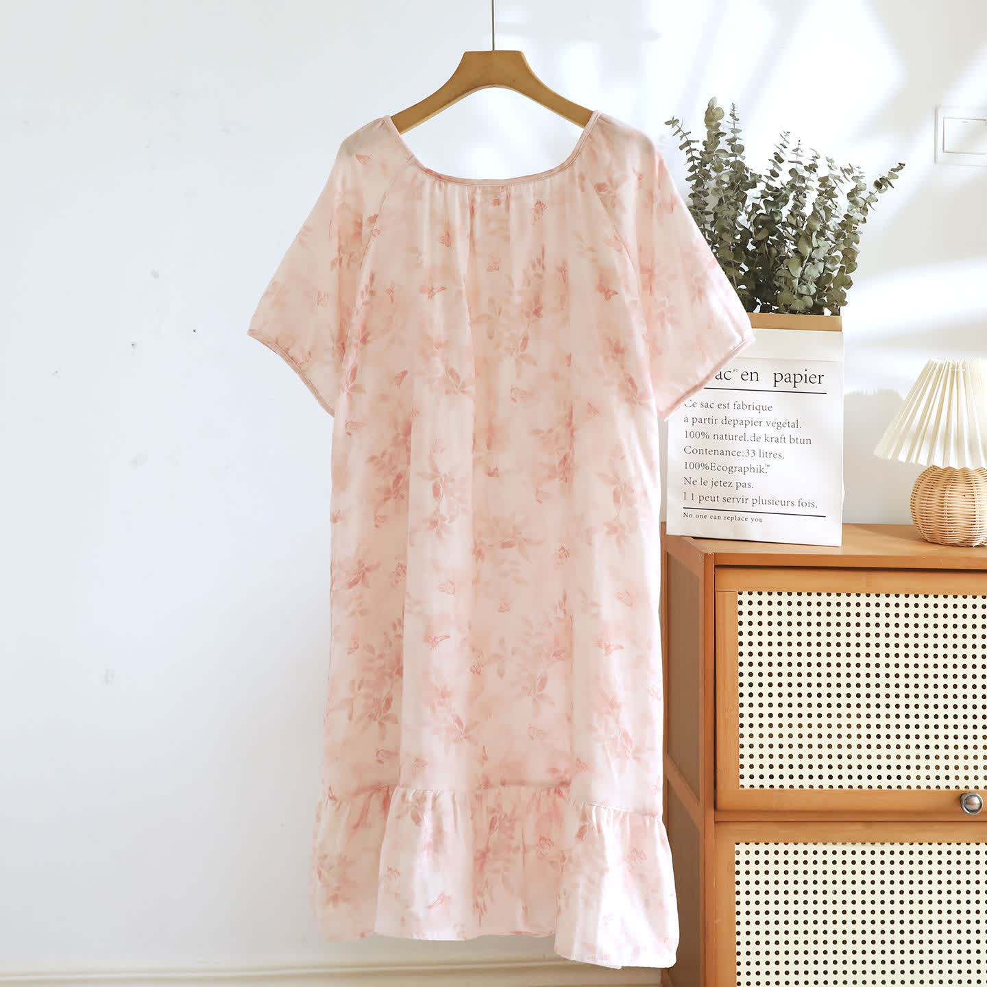 Country Style Floral Short Sleeve Cotton Gauze Nightdress