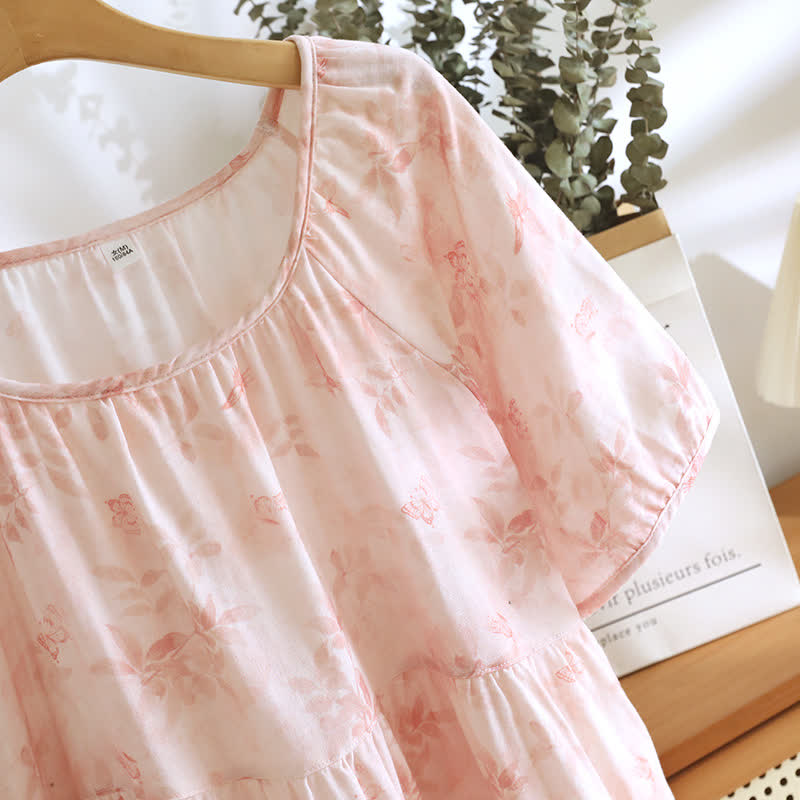 Country Style Floral Short Sleeve Cotton Gauze Nightdress
