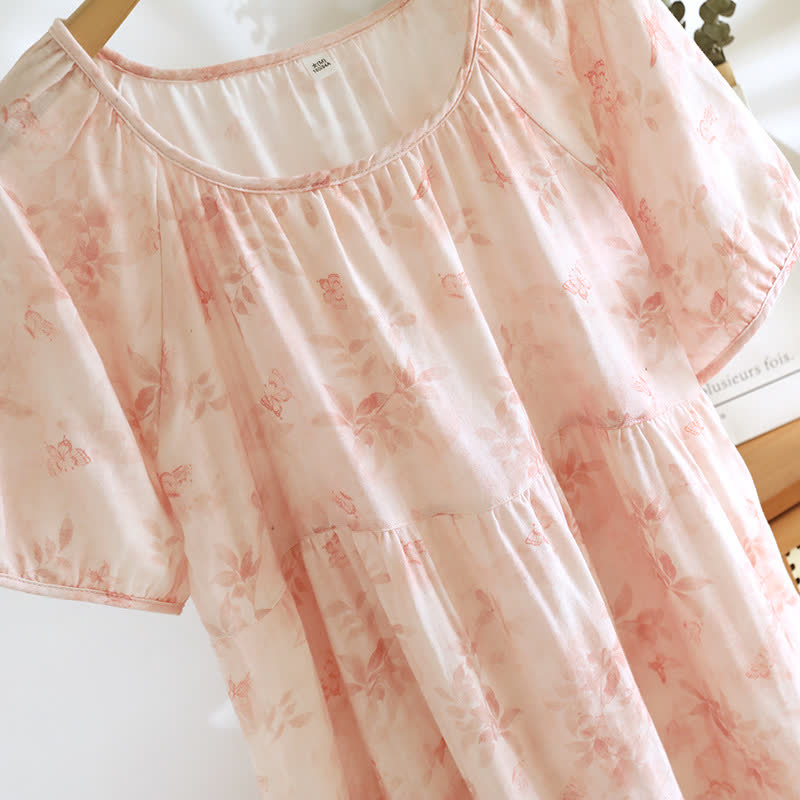 Country Style Floral Short Sleeve Cotton Gauze Nightdress