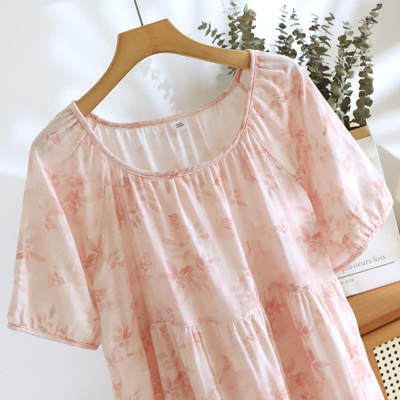 Country Style Floral Short Sleeve Cotton Gauze Nightdress