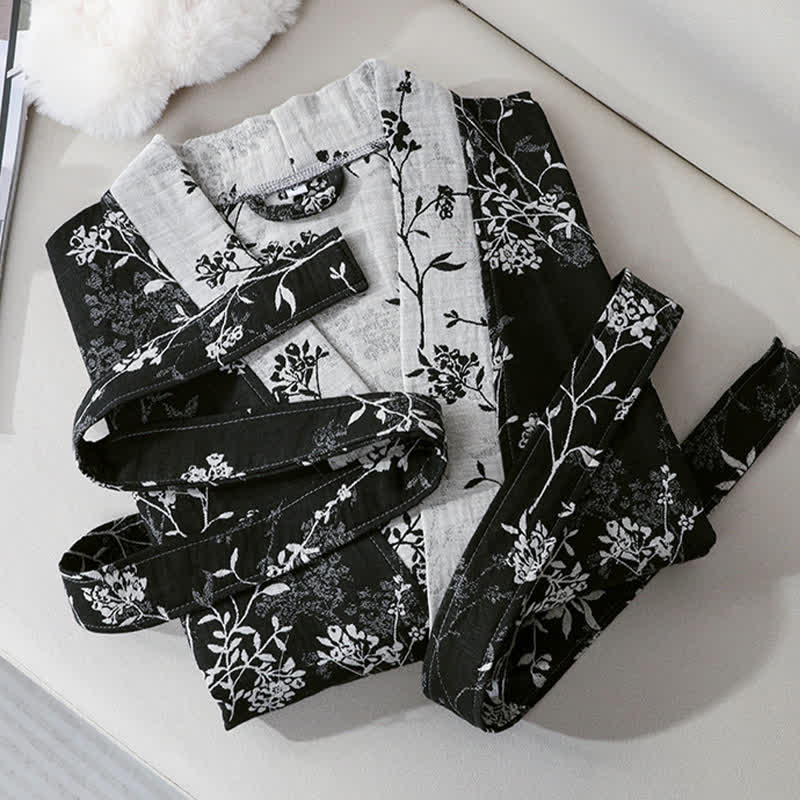 Vintage Floral Kimono Cotton Gauze Jacquard Bathrobe