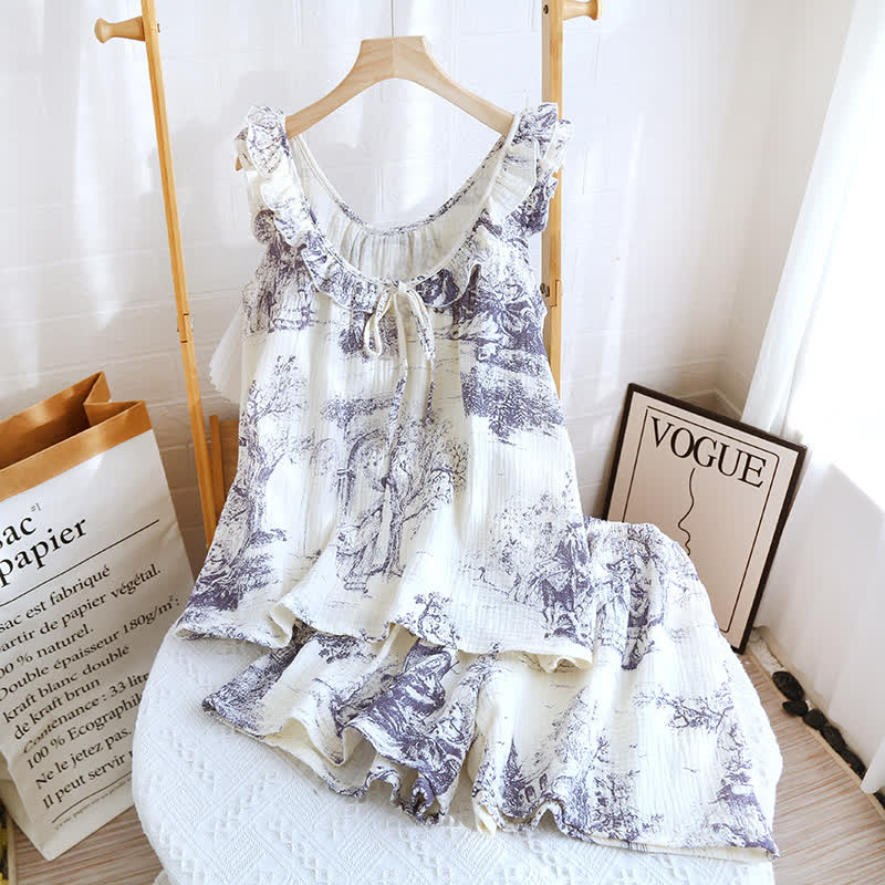 Vintage Landscape Print Cotton Gauze Ruffle Camisole Nightwear