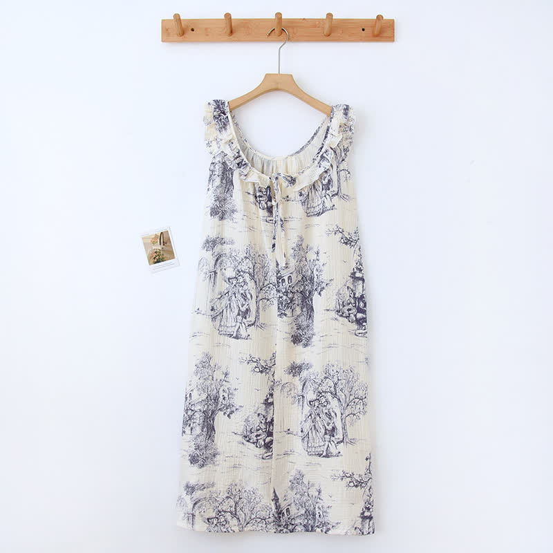 Vintage Landscape Print Cotton Gauze Ruffle Camisole Nightwear