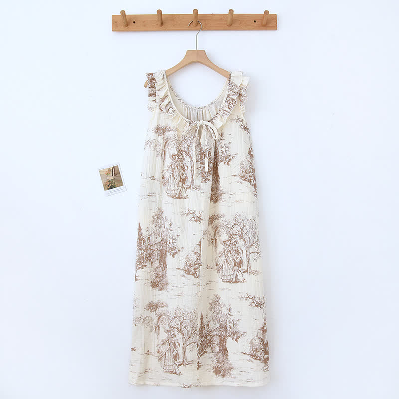 Vintage Landscape Print Cotton Gauze Ruffle Camisole Nightwear