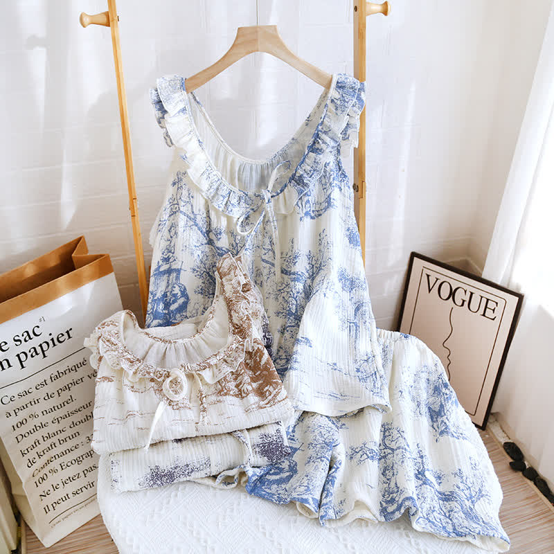 Vintage Landscape Print Cotton Gauze Ruffle Camisole Nightwear