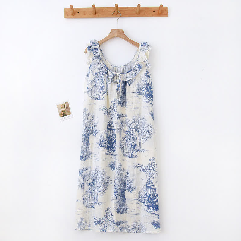 Vintage Landscape Print Cotton Gauze Ruffle Camisole Nightwear