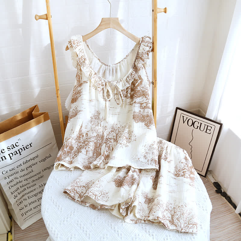 Vintage Landscape Print Cotton Gauze Ruffle Camisole Nightwear