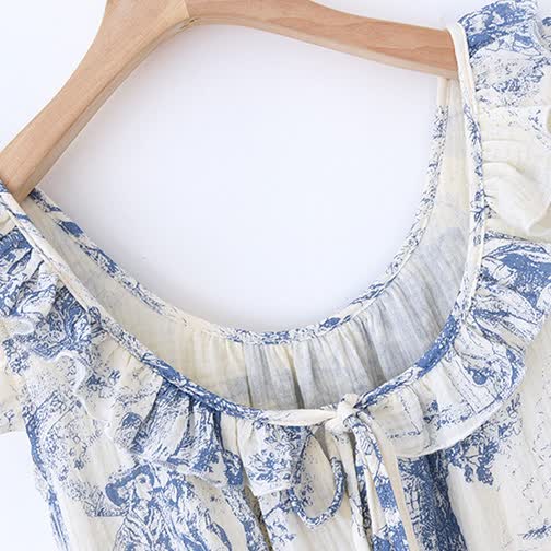 Vintage Landscape Print Cotton Gauze Ruffle Camisole Nightwear