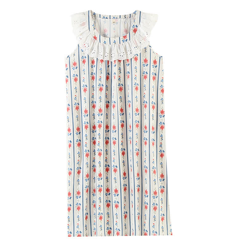 Striped Floral Cotton Gauze Sleeveless Nightdress