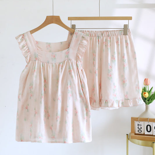 Pink Floral Ruffle Padded Camisole Loungewear Set
