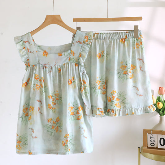 Loquat Print Ruffle Padded Camisole Loungewear Set