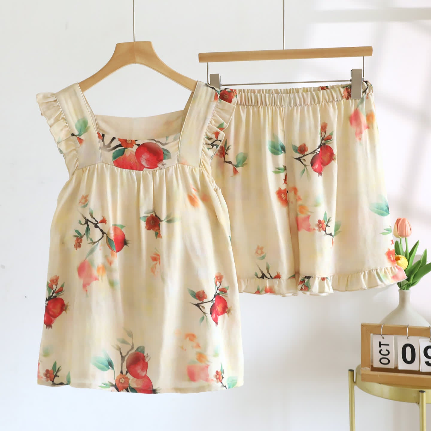 Pomegranate Floral Ruffle Padded Camisole Loungewear Set