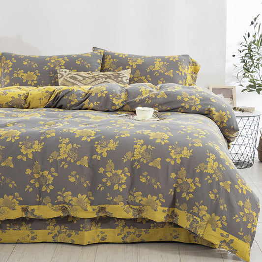 Rustic Floral Cotton Gauze Jacquard Bedding Set(4pcs)