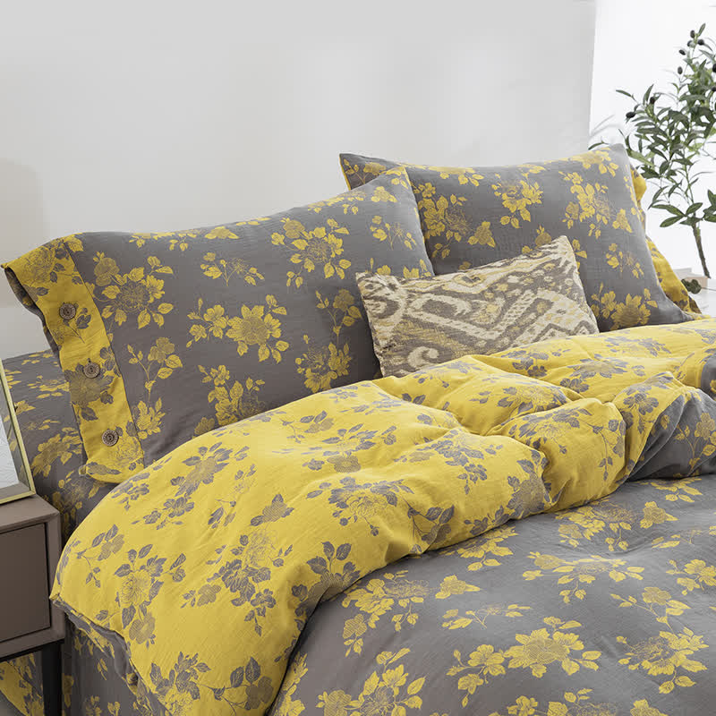 Rustic Floral Cotton Gauze Jacquard Bedding Set(4pcs)