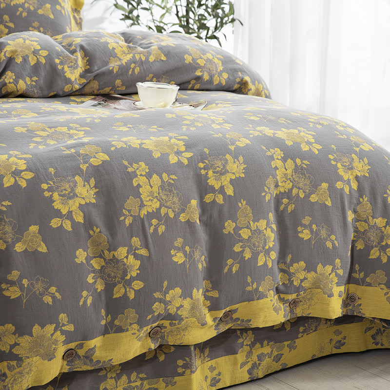Rustic Floral Cotton Gauze Jacquard Bedding Set(4pcs)