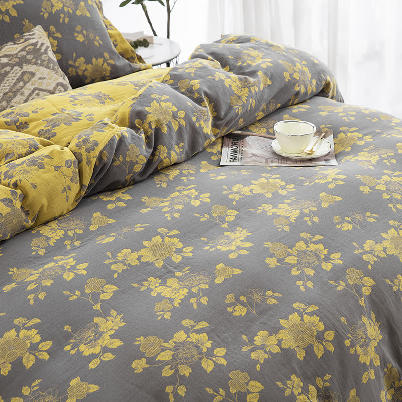 Rustic Floral Cotton Gauze Jacquard Bedding Set(4pcs)
