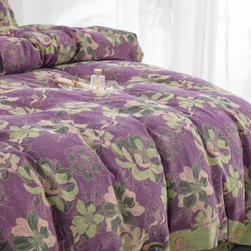 Floral Cotton Gauze Jacquard Reversible Bedding Set(4pcs)