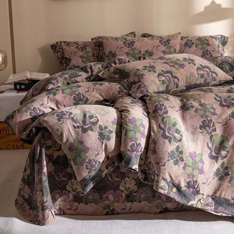 Floral Cotton Gauze Jacquard Reversible Bedding Set(4pcs)
