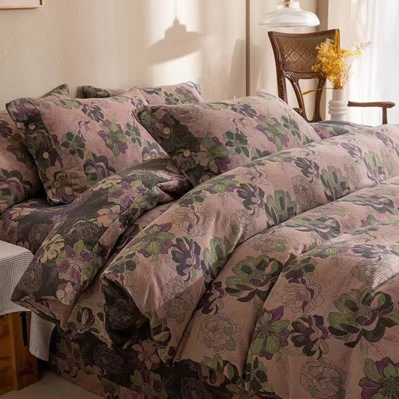Floral Cotton Gauze Jacquard Reversible Bedding Set(4pcs)