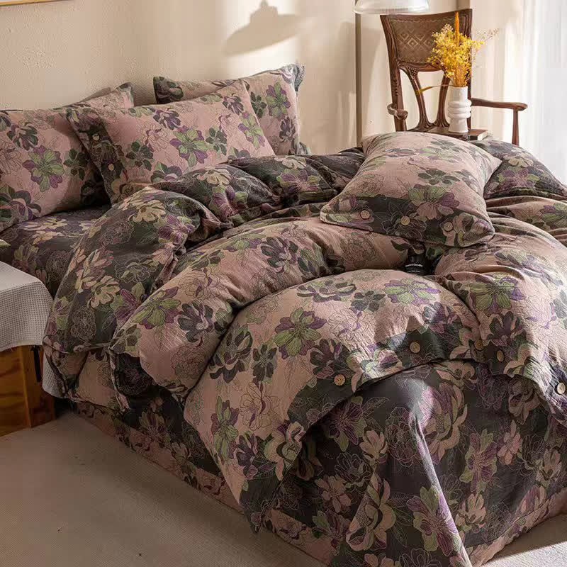 Floral Cotton Gauze Jacquard Reversible Bedding Set(4pcs)