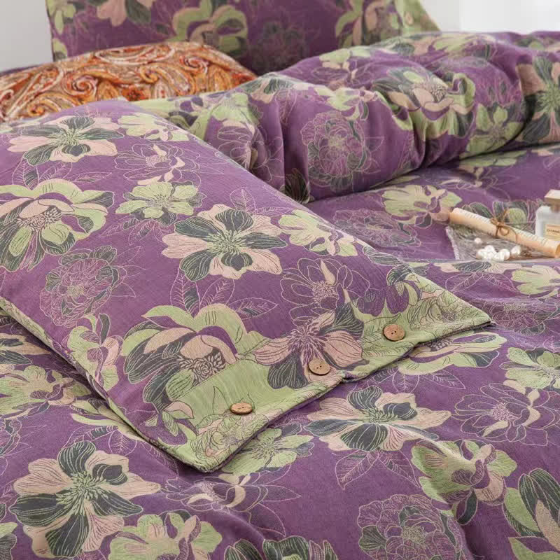 Floral Cotton Gauze Jacquard Reversible Bedding Set(4pcs)