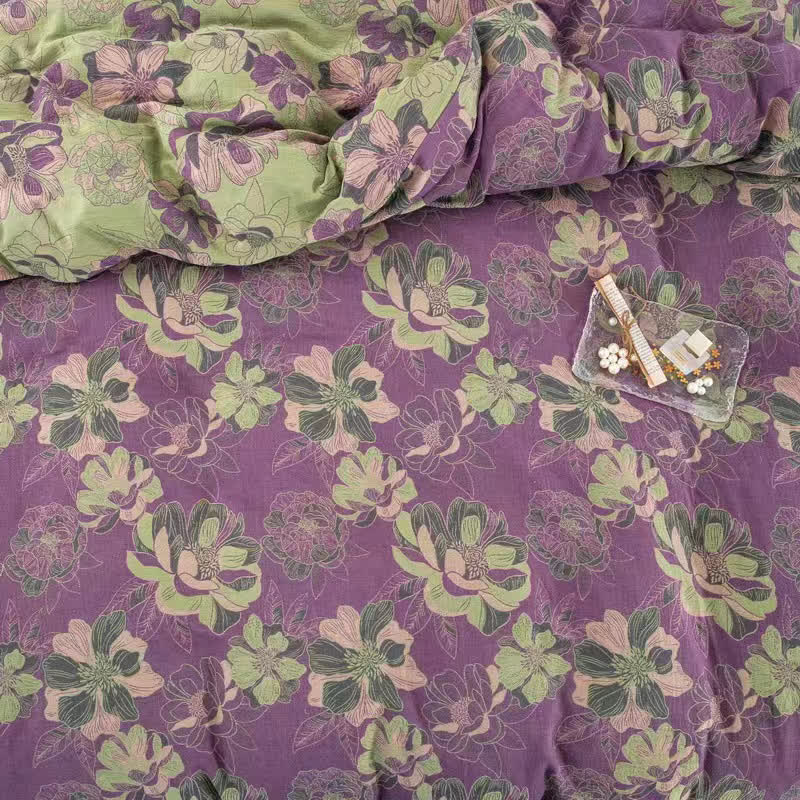 Floral Cotton Gauze Jacquard Reversible Bedding Set(4pcs)
