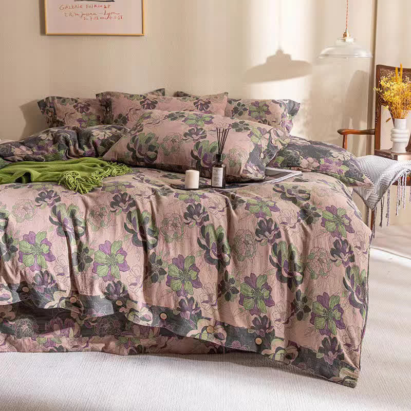 Floral Cotton Gauze Jacquard Reversible Bedding Set(4pcs)