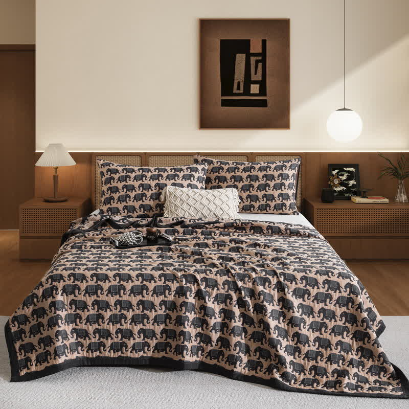 Thai Elephant Print Cotton Muslin Bedspread