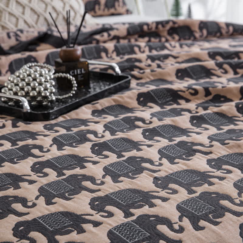 Thai Elephant Print Cotton Muslin Bedspread