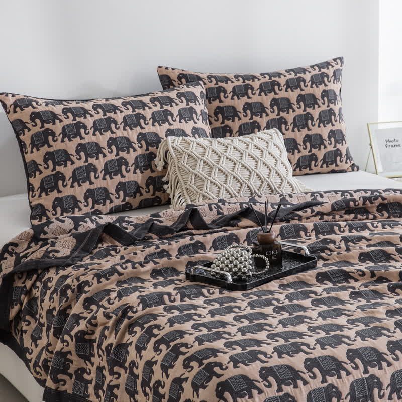 Thai Elephant Print Cotton Muslin Bedspread