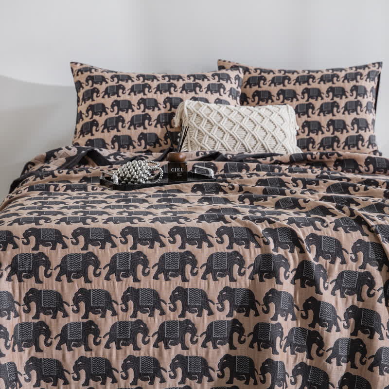 Thai Elephant Print Cotton Muslin Bedspread