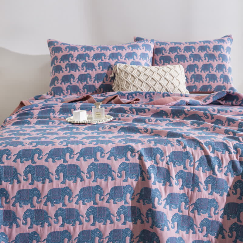 Thai Elephant Print Cotton Muslin Bedspread