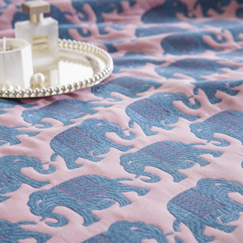 Thai Elephant Print Cotton Muslin Bedspread