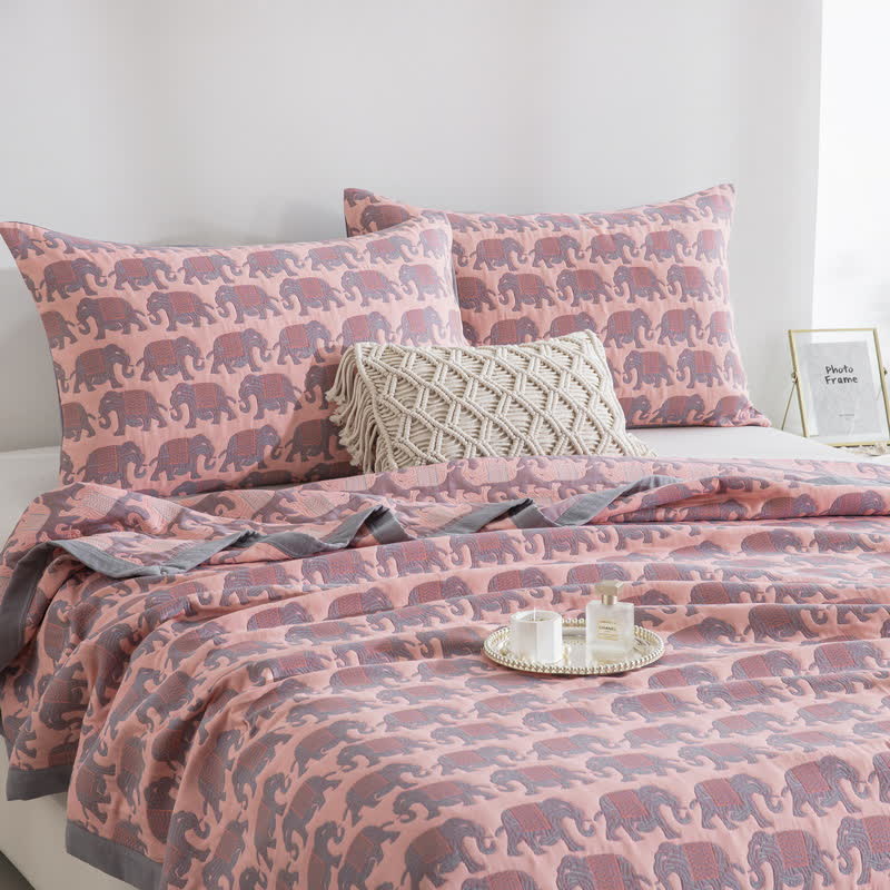 Thai Elephant Print Cotton Muslin Bedspread