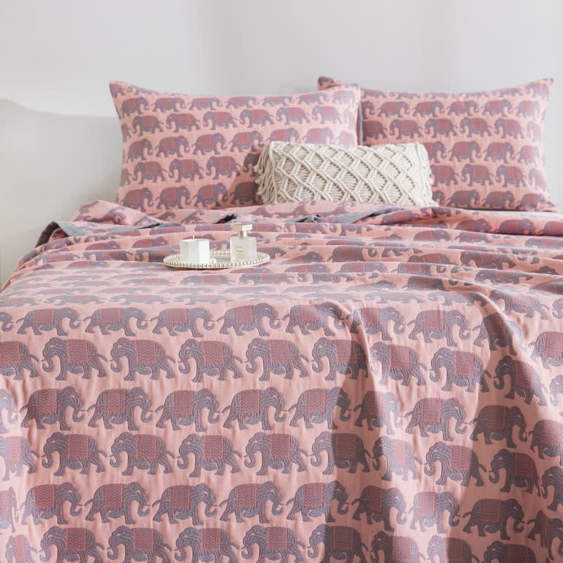 Thai Elephant Print Cotton Muslin Bedspread