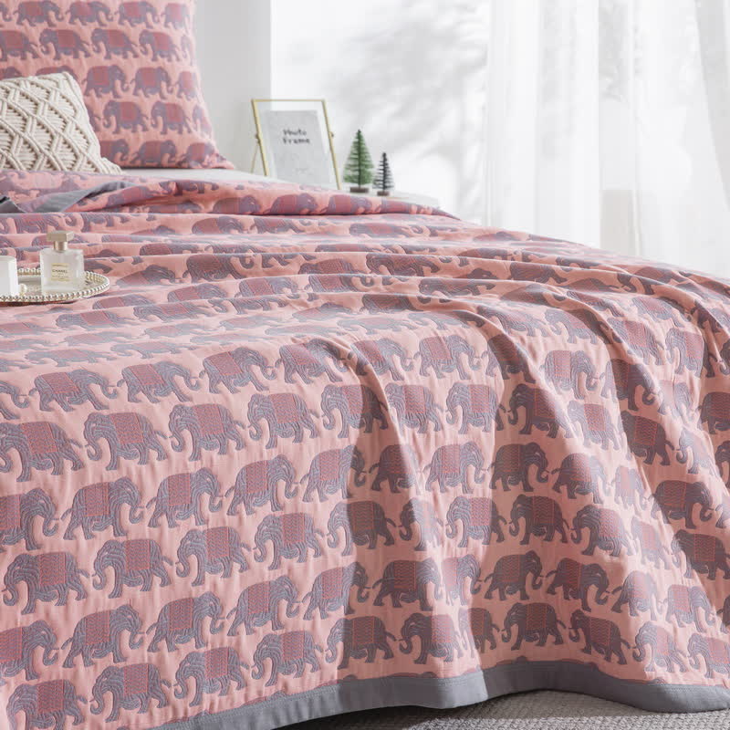 Thai Elephant Print Cotton Muslin Bedspread