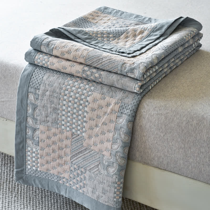 Patchwork Plaid Print Cotton Muslin Bedspread