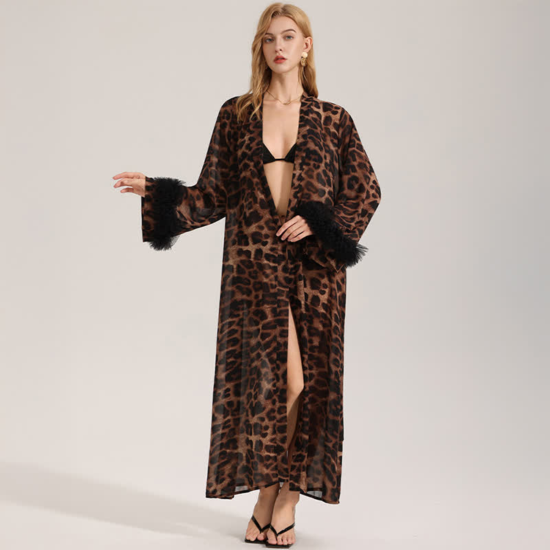 Leopard Print Long Sleeve Kimono Bathrobe