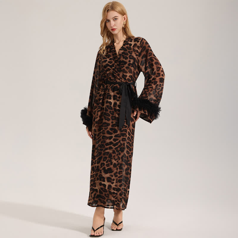 Leopard Print Long Sleeve Kimono Bathrobe