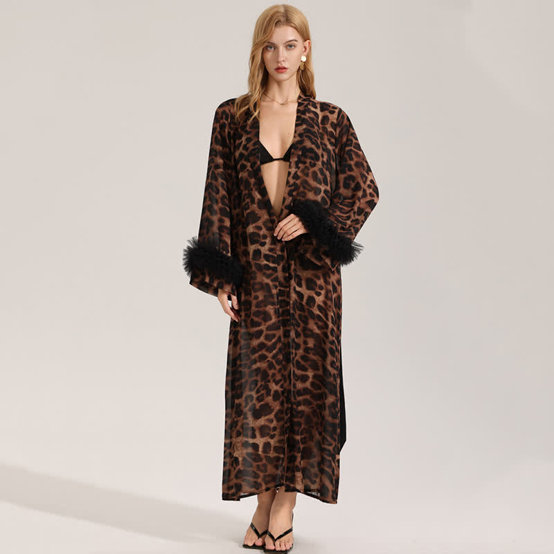 Leopard Print Long Sleeve Kimono Bathrobe
