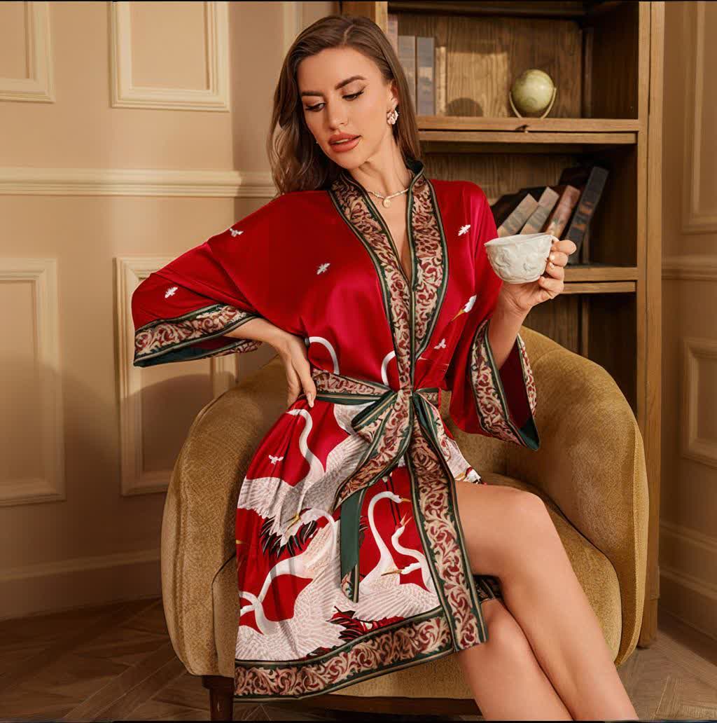 Crane Print Short Kimono Bathrobe