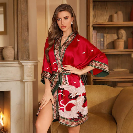 Crane Print Short Kimono Bathrobe