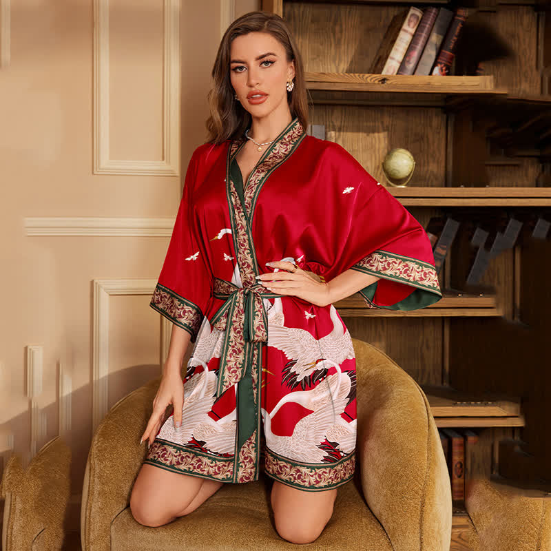 Crane Print Short Kimono Bathrobe