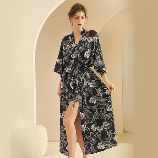Black Hibiscus Kimono Bathrobe Set